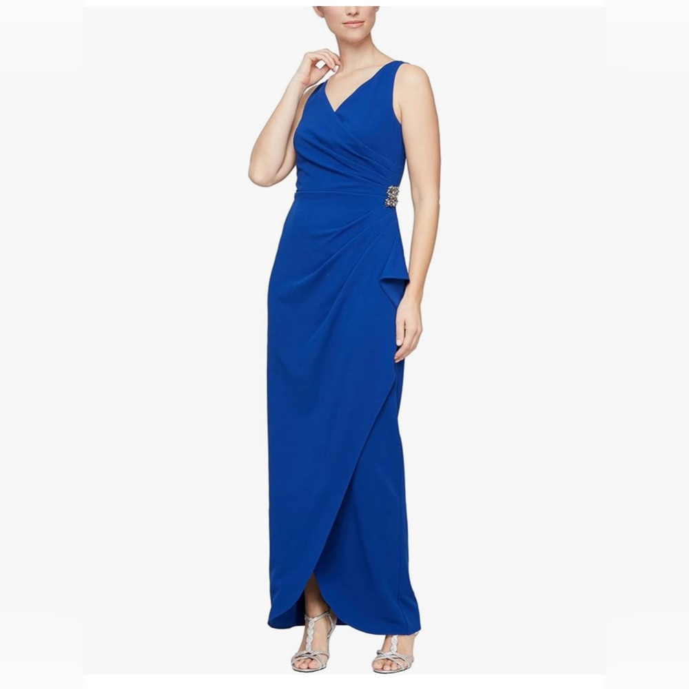 SLNY Slimming Long Ruched Gown with Ruffle